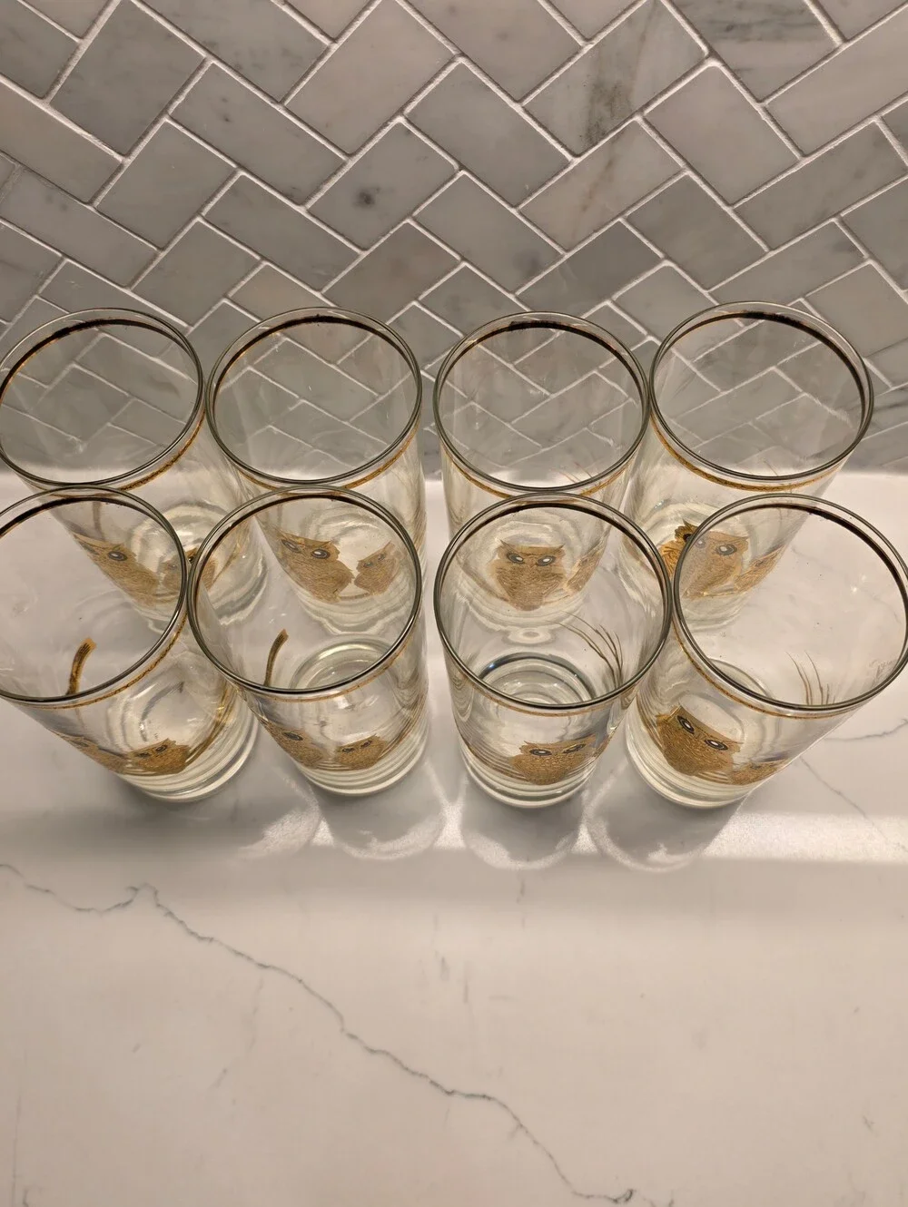 Pristine Vintage Culver 22K Gold Owl Highball Glasses - Set of 8